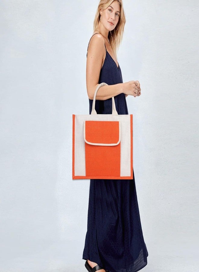 MISPACIO Jute Handbag with Large Outer Pocket | Orange & White Eco-Friendly Tote with Superior Lining, Zipper Closure & Strong Handles | Spacious Shopping Office Travel Bag | 12" x 16" x 5" | Pack of 2 - Image 2